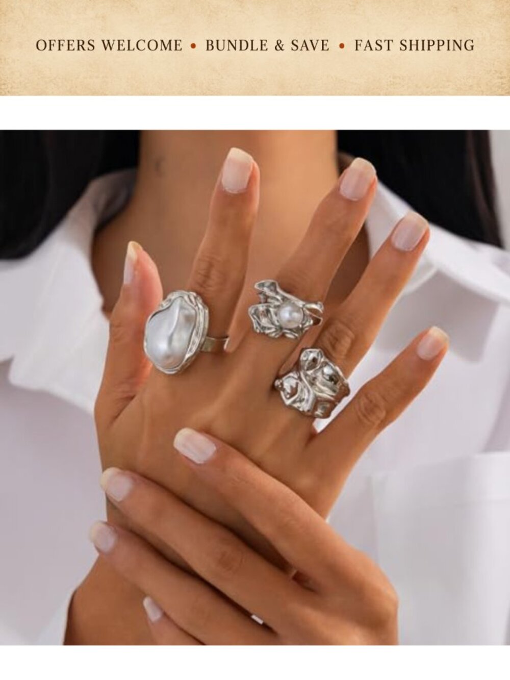 Adjustable Stacking Rings Set with Pearl and Flower Designs - Picture 2 of 6